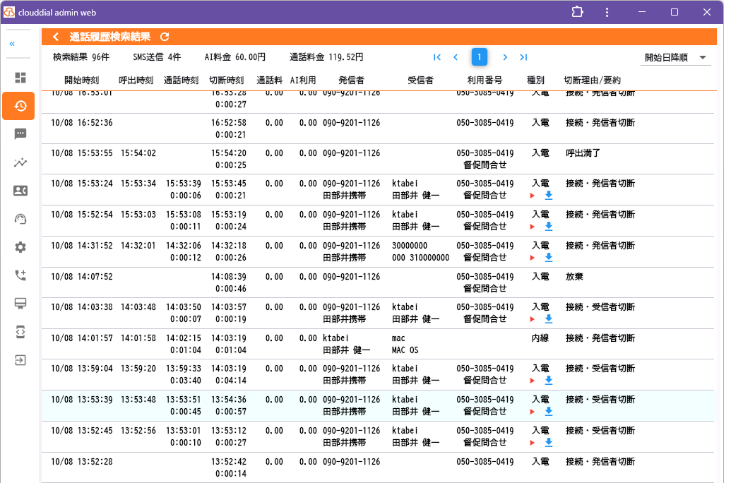 通話履歴・通話明細画面